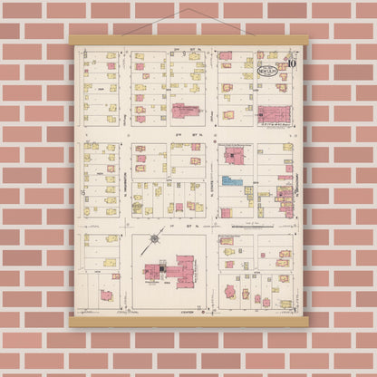 Old map wall art mockup — magnetic wood frame on brick wall — Sanborn Fire Insurance Map from New Ulm, Brown County, Minnesota (1922), Sheet #0010
