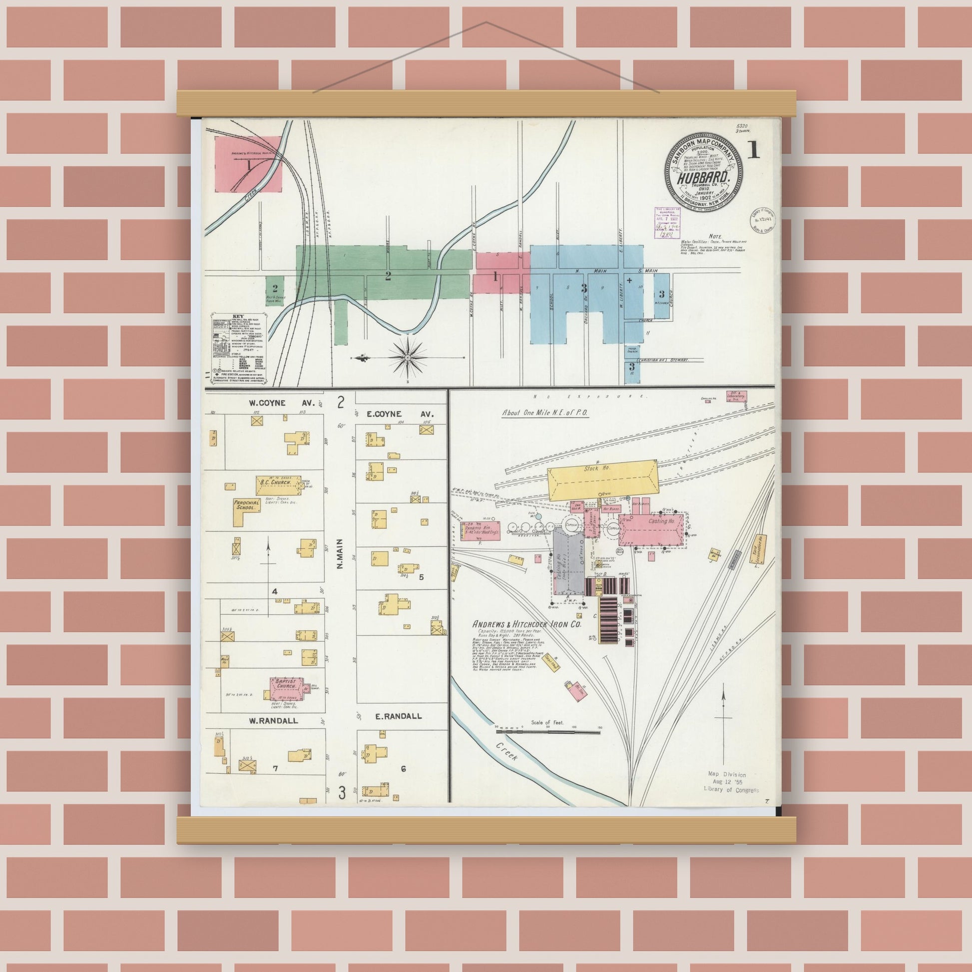 Old map wall art mockup — magnetic wood frame on brick wall — Sanborn Fire Insurance Map from Hubbard, Trumbull County, Ohio (1902), Sheet #0001