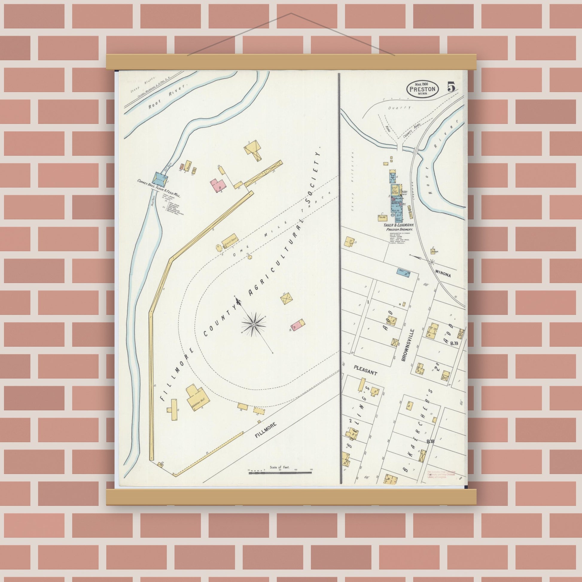 Old map wall art mockup — magnetic wood frame on brick wall — Sanborn Fire Insurance Map from Preston, Fillmore County, Minnesota (1900), Sheet #0005