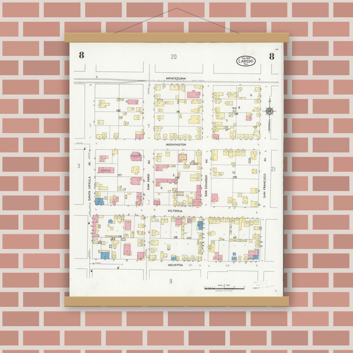 Old map wall art mockup — magnetic wood frame on brick wall — Sanborn Fire Insurance Map from Laredo, Webb County, Texas (1925), Sheet #0008