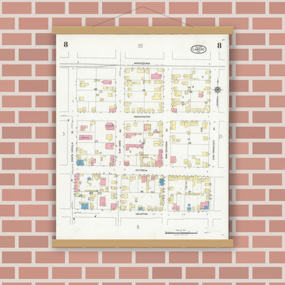 Old map wall art mockup — magnetic wood frame on brick wall — Sanborn Fire Insurance Map from Laredo, Webb County, Texas (1925), Sheet #0008