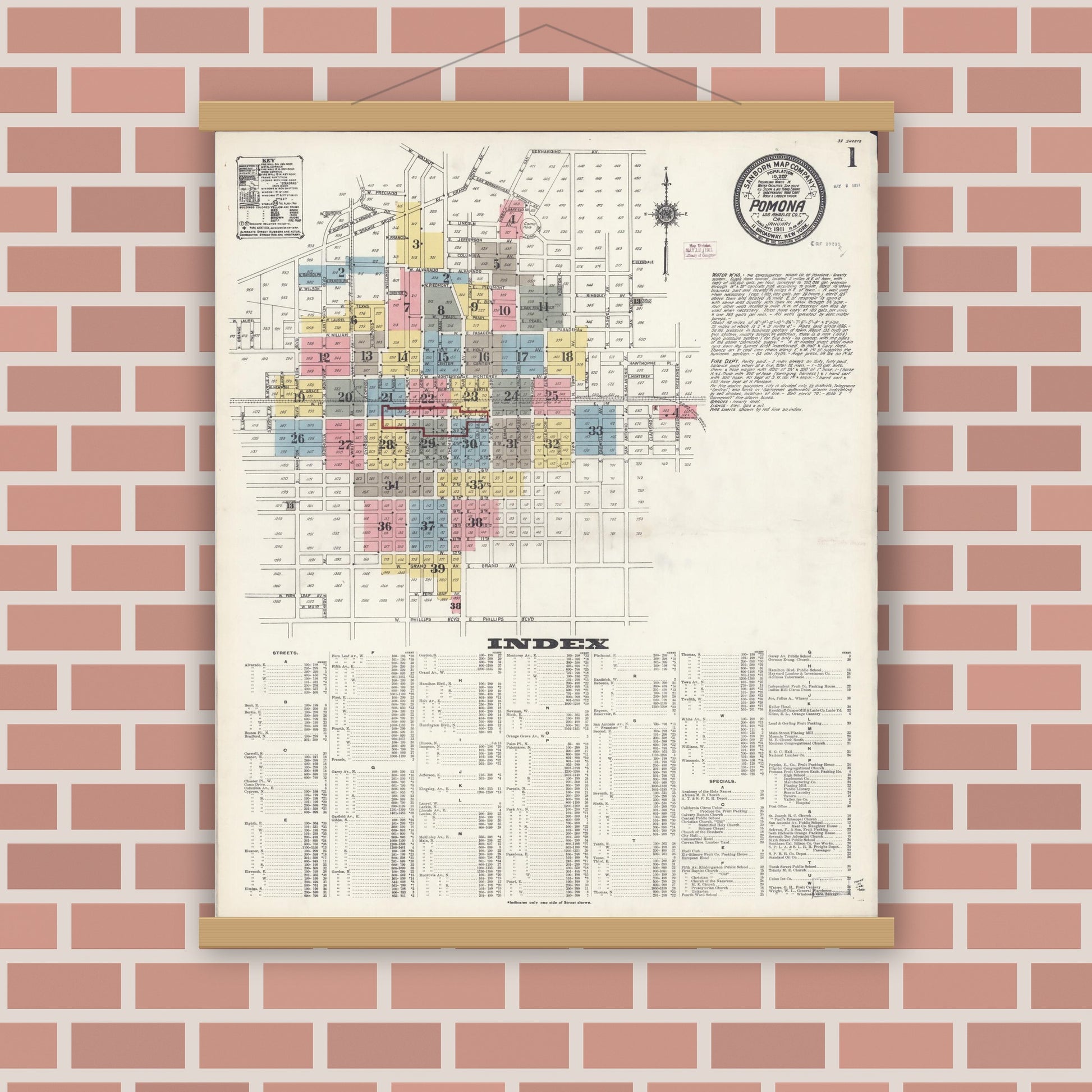 Old map wall art mockup — magnetic wood frame on brick wall — Sanborn Fire Insurance Map from Pomona, Los Angeles County, California (1911) - Complete Map Set