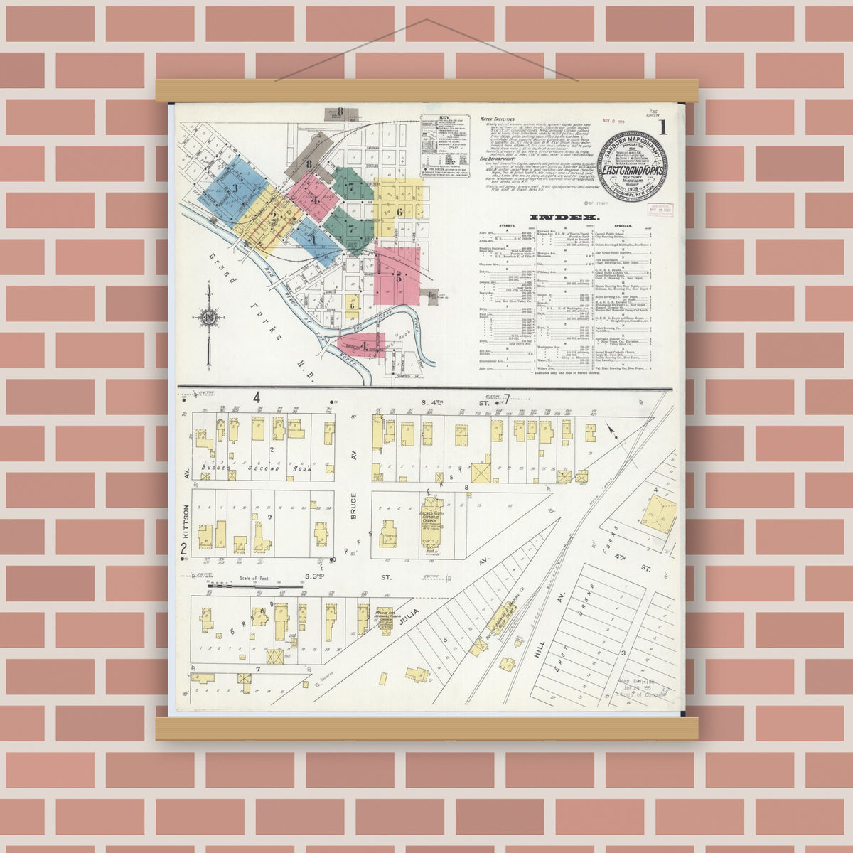 Old map wall art mockup — magnetic wood frame on brick wall — Sanborn Fire Insurance Map from East Grand Forks, Polk County, Minnesota (1909) - Complete Map Set