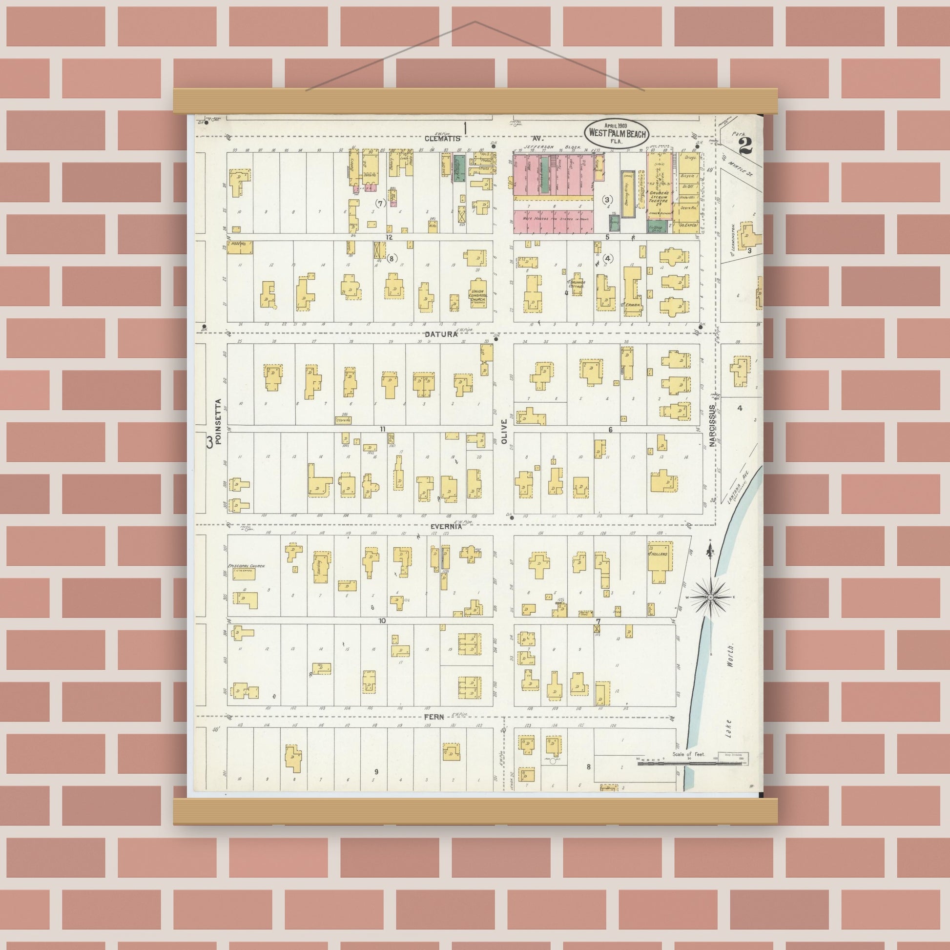 Old map wall art mockup — magnetic wood frame on brick wall — Sanborn Fire Insurance Map from West Palm Beach, Dade County, Florida (1903), Sheet #0002