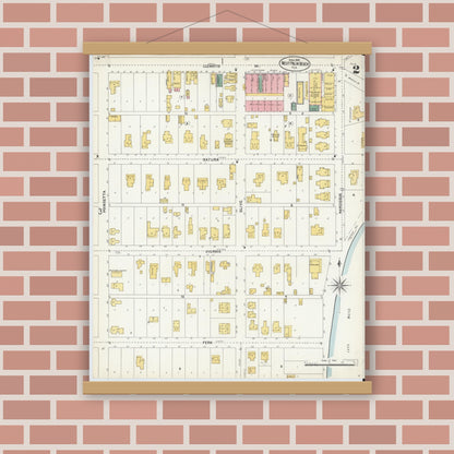 Old map wall art mockup — magnetic wood frame on brick wall — Sanborn Fire Insurance Map from West Palm Beach, Dade County, Florida (1903), Sheet #0002