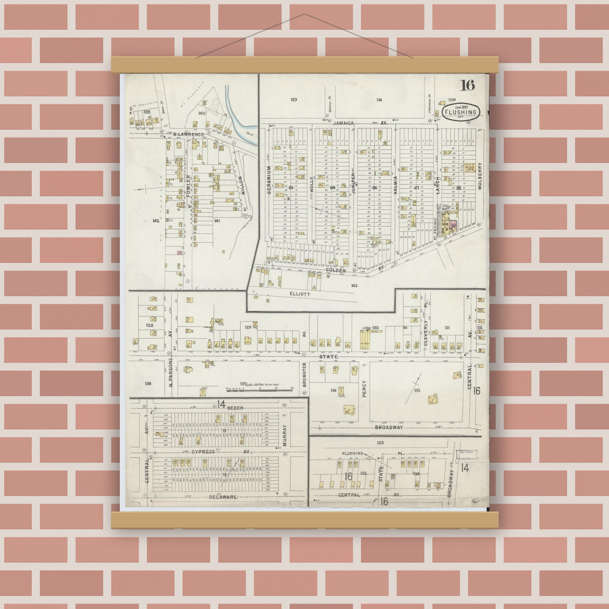 Old map wall art mockup — magnetic wood frame on brick wall — Sanborn Fire Insurance Map from Flushing, Queens County, New York (1897), Sheet #0016