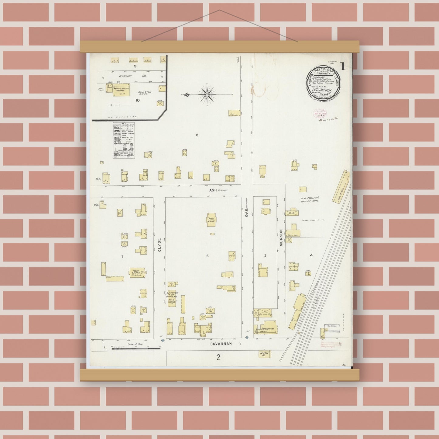 Old map wall art mockup — magnetic wood frame on brick wall — Sanborn Fire Insurance Map from Savannah, Wayne County, New York (1896) - Complete Map Set