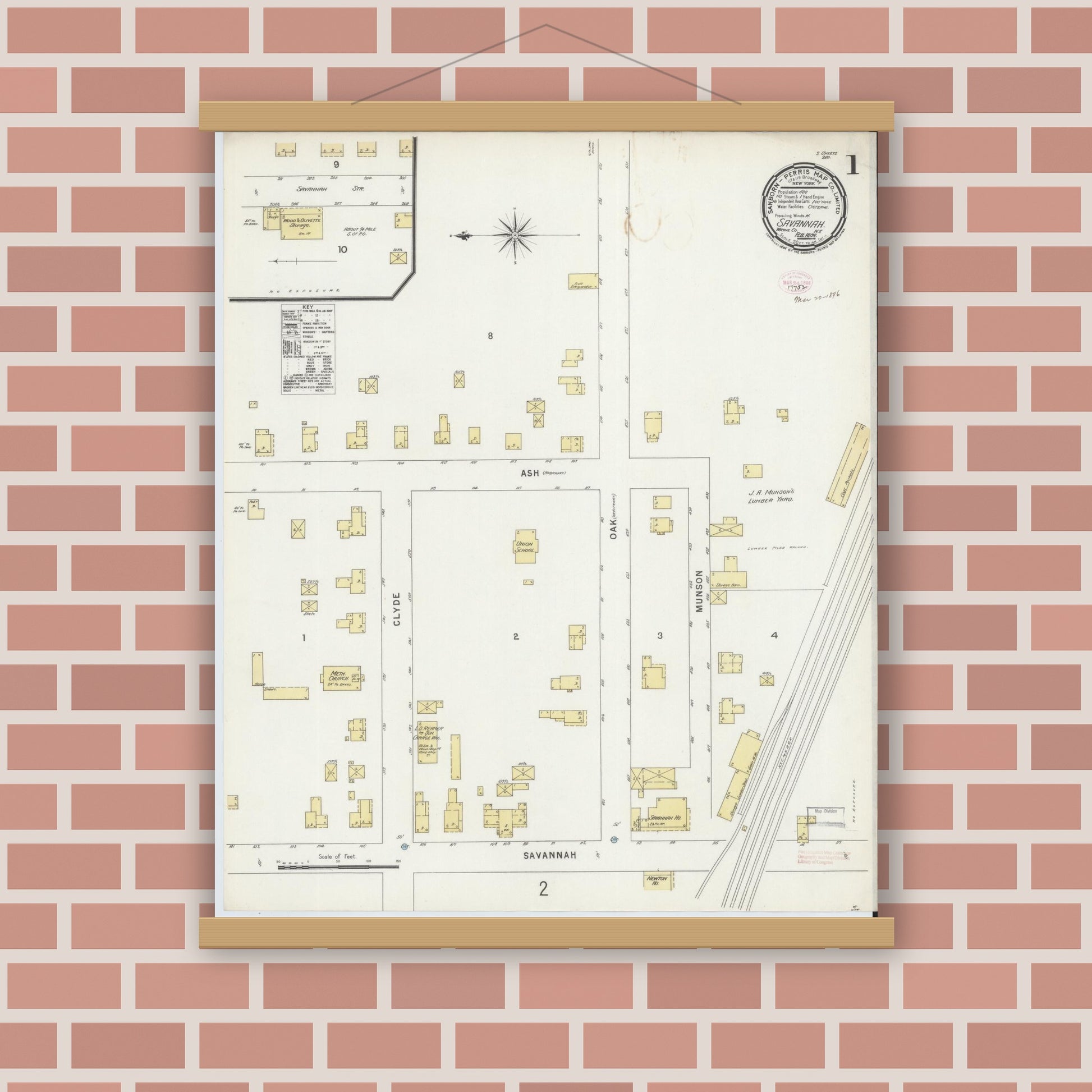 Old map wall art mockup — magnetic wood frame on brick wall — Sanborn Fire Insurance Map from Savannah, Wayne County, New York (1896) - Complete Map Set