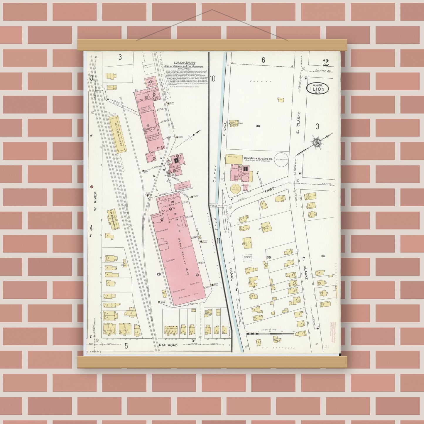 Old map wall art mockup — magnetic wood frame on brick wall — Sanborn Fire Insurance Map from Ilion, Herkimer County, New York (1912) - Complete Map Set