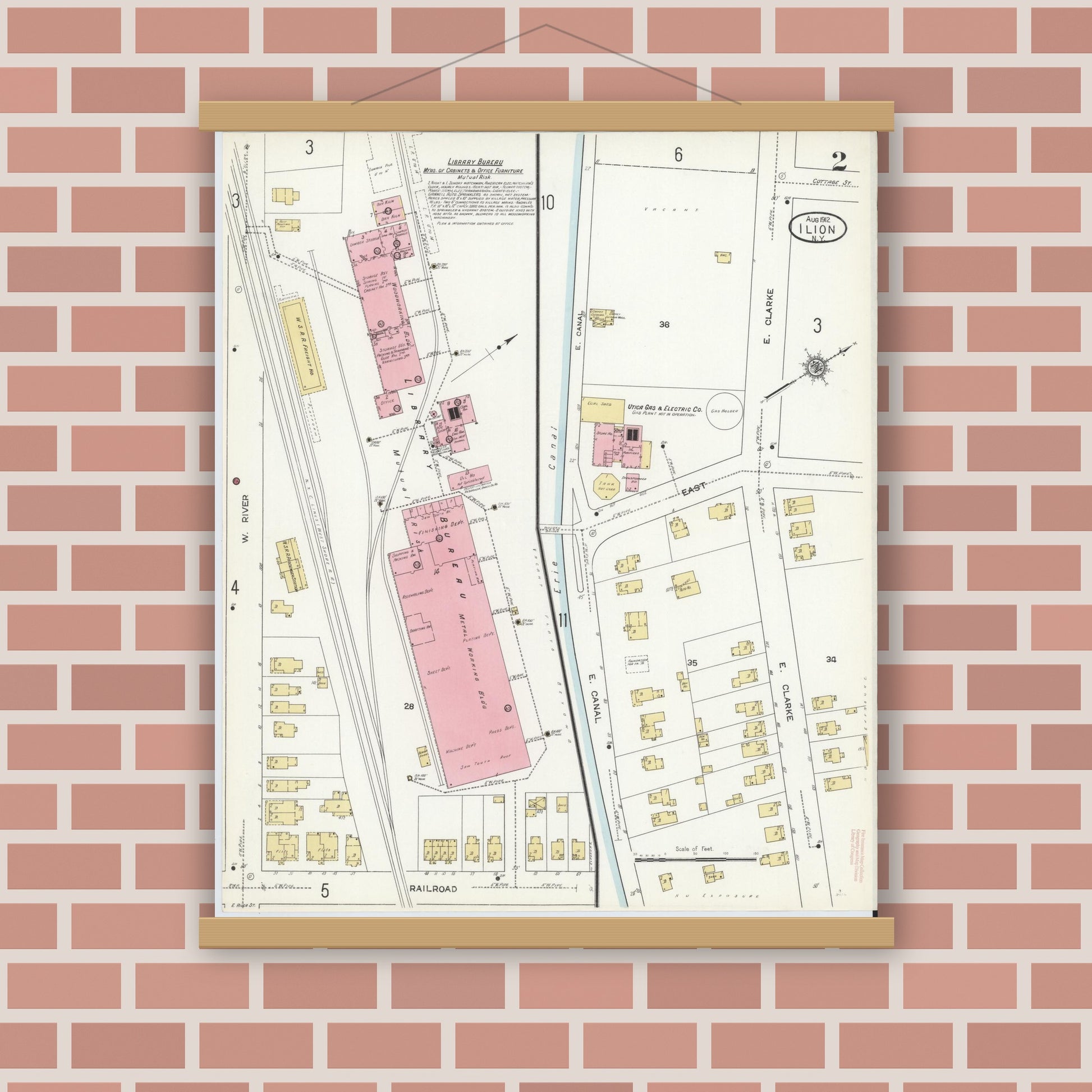 Old map wall art mockup — magnetic wood frame on brick wall — Sanborn Fire Insurance Map from Ilion, Herkimer County, New York (1912) - Complete Map Set