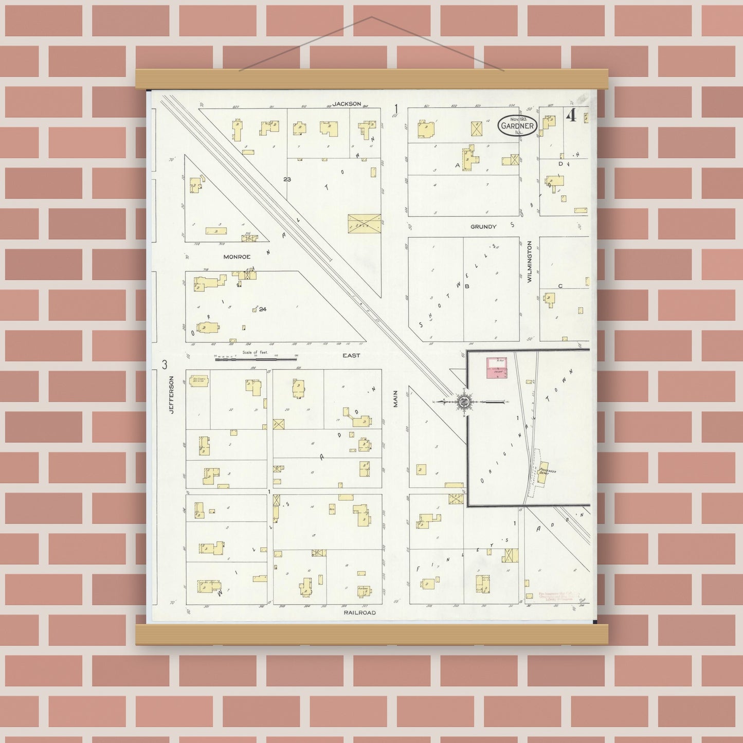 Old map wall art mockup — magnetic wood frame on brick wall — Sanborn Fire Insurance Map from Gardner, Grundy County, Illinois (1913), Sheet #0004