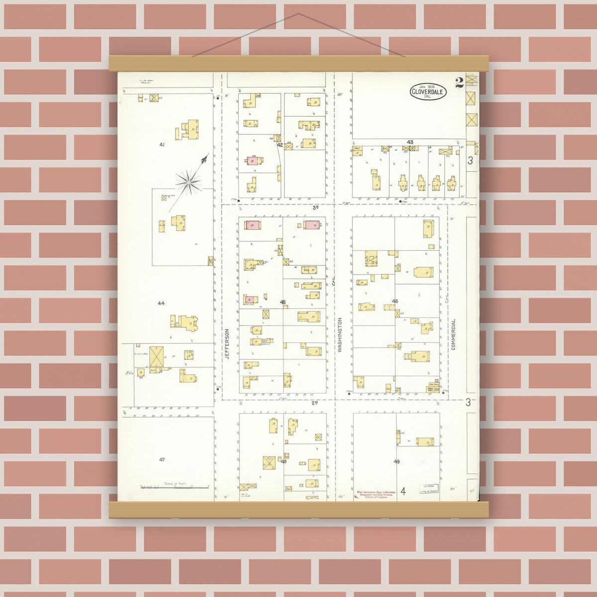 Old map wall art mockup — magnetic wood frame on brick wall — Sanborn Fire Insurance Map from Cloverdale, Sonoma County, California (1905), Sheet #0002