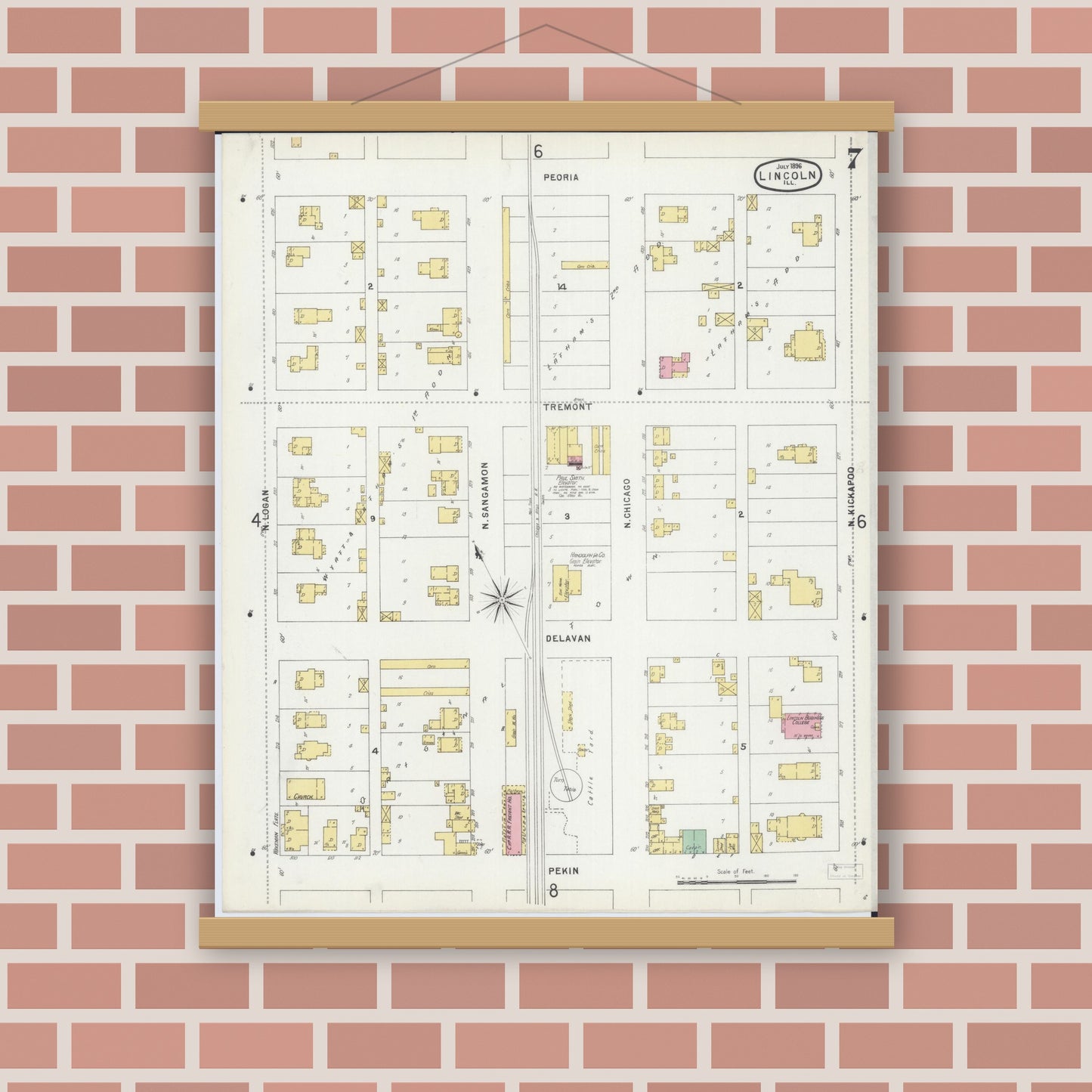 Old map wall art mockup — magnetic wood frame on brick wall — Sanborn Fire Insurance Map from Lincoln, Logan County, Illinois (1896), Sheet #0007