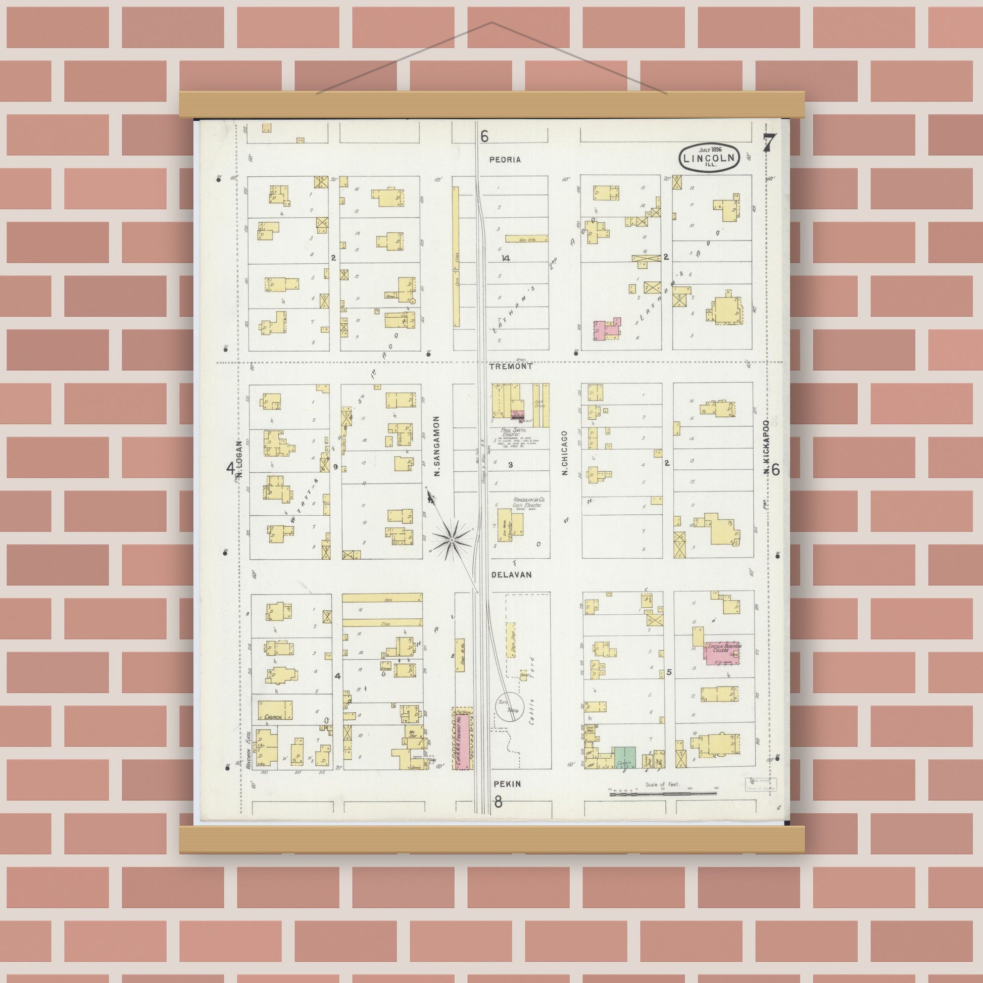 Old map wall art mockup — magnetic wood frame on brick wall — Sanborn Fire Insurance Map from Lincoln, Logan County, Illinois (1896), Sheet #0007