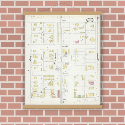 Old map wall art mockup — magnetic wood frame on brick wall — Sanborn Fire Insurance Map from Lincoln, Logan County, Illinois (1896), Sheet #0007