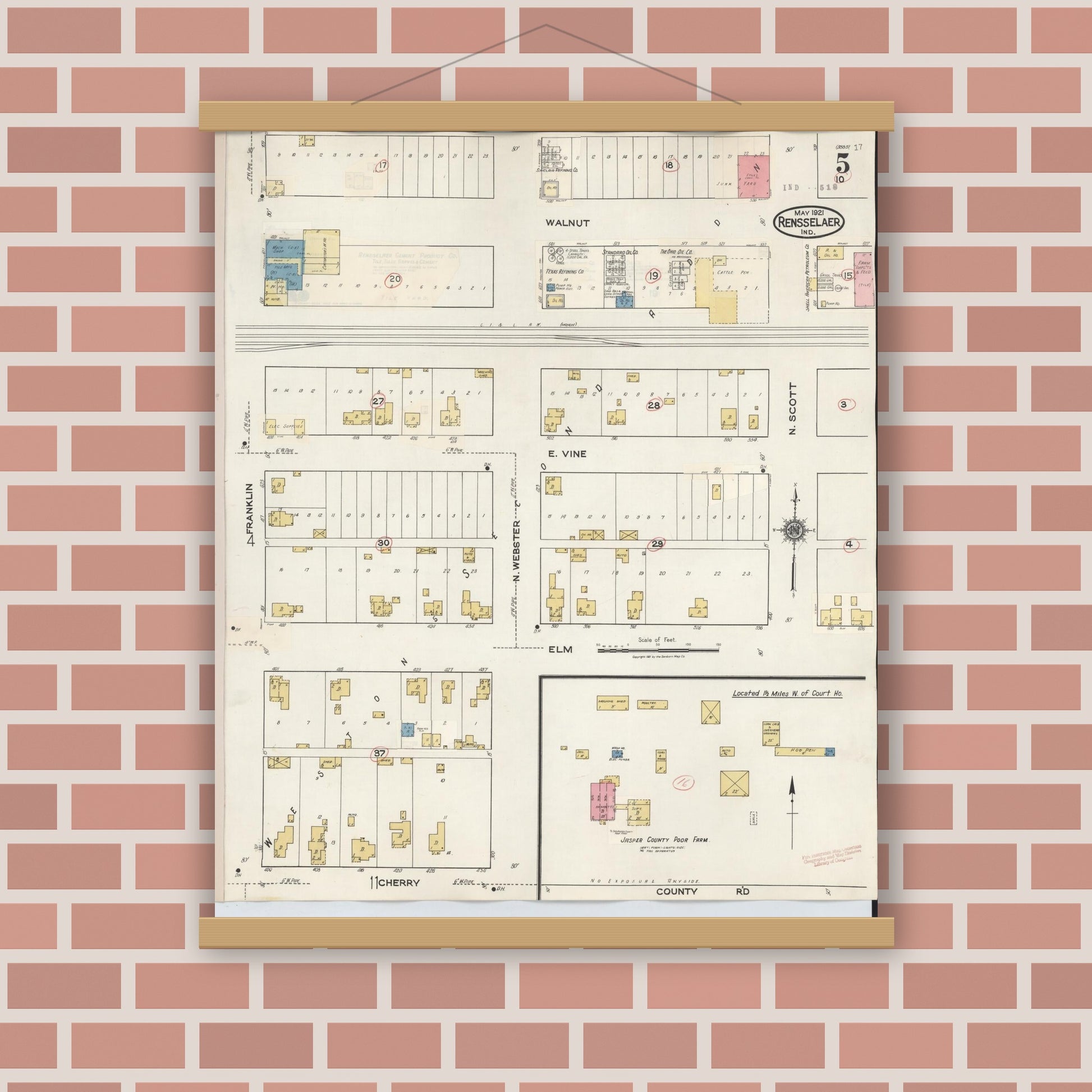 Old map wall art mockup — magnetic wood frame on brick wall — Sanborn Fire Insurance Map from Rensselaer, Jasper County, Indiana (1942), Sheet #0005