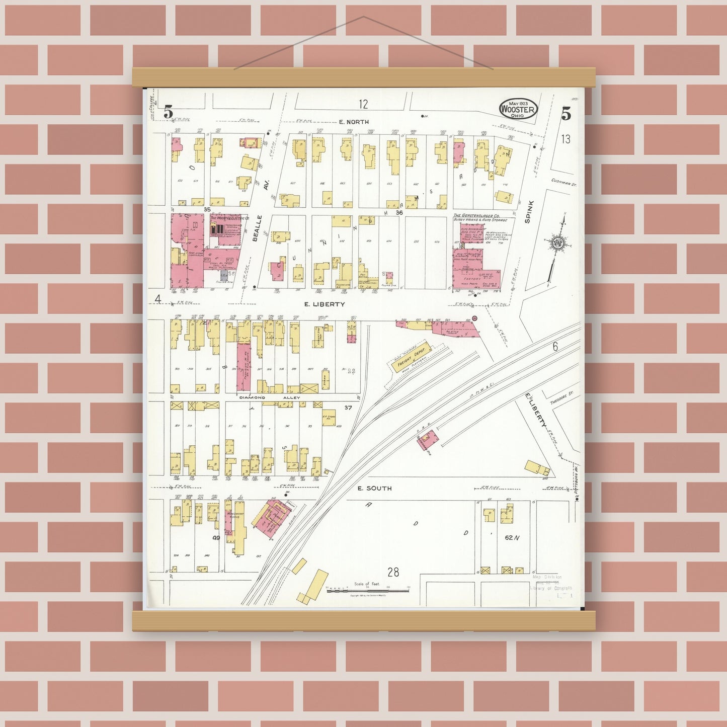 Old map wall art mockup — magnetic wood frame on brick wall — Sanborn Fire Insurance Map from Wooster, Wayne County, Ohio (1923), Sheet #0005