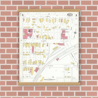 Old map wall art mockup — magnetic wood frame on brick wall — Sanborn Fire Insurance Map from Wooster, Wayne County, Ohio (1923), Sheet #0005