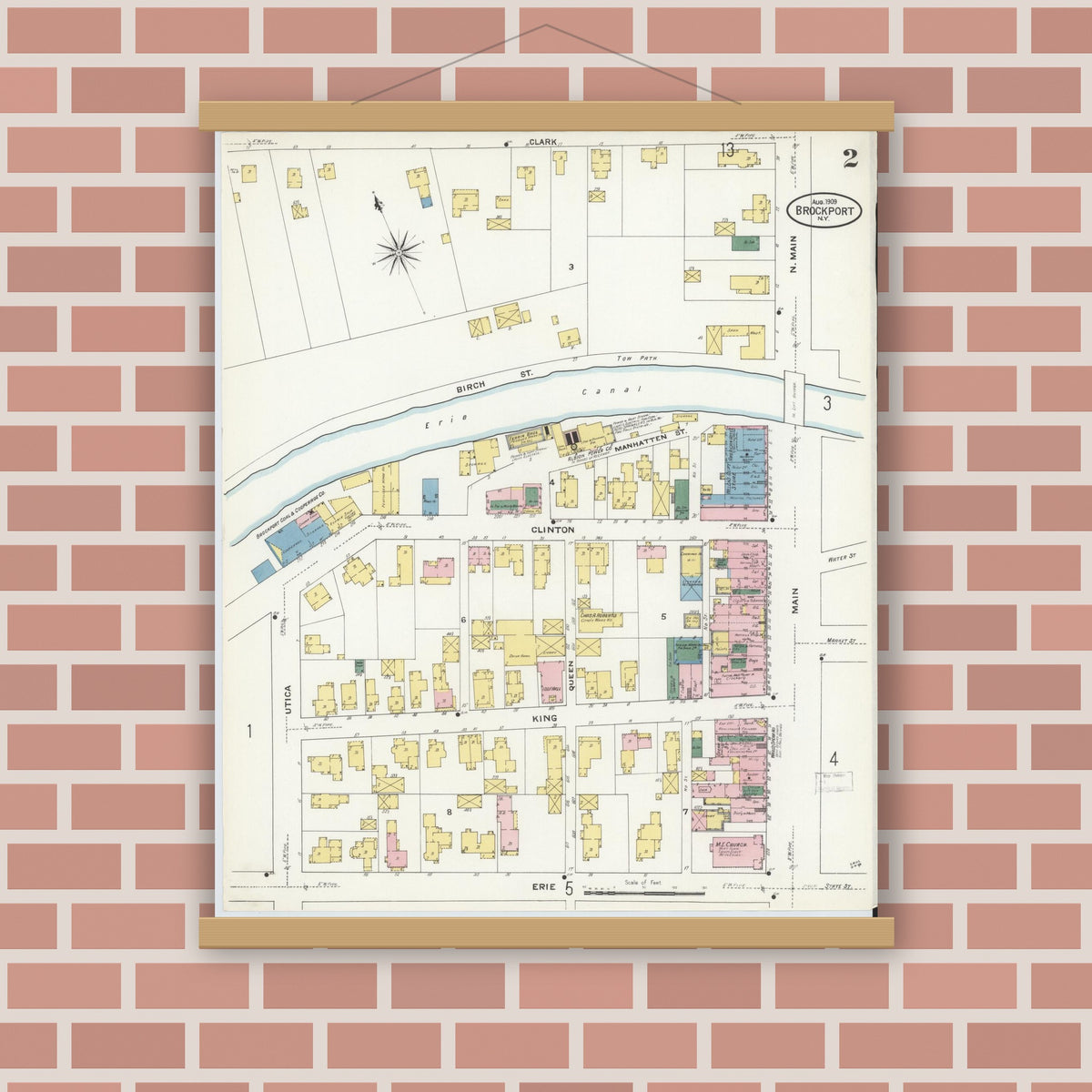 Old map wall art mockup — magnetic wood frame on brick wall — Sanborn Fire Insurance Map from Brockport, Monroe County, New York (1909), Sheet #0002