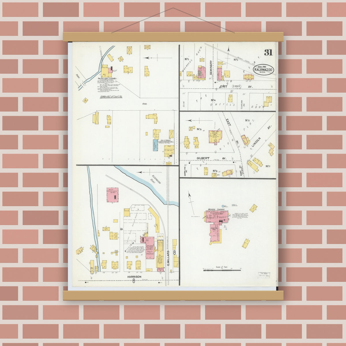 Old map wall art mockup — magnetic wood frame on brick wall — Sanborn Fire Insurance Map from Kalamazoo, Kalamazoo County, Michigan (1902), Sheet #0031