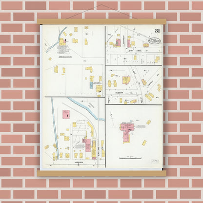 Old map wall art mockup — magnetic wood frame on brick wall — Sanborn Fire Insurance Map from Kalamazoo, Kalamazoo County, Michigan (1902), Sheet #0031