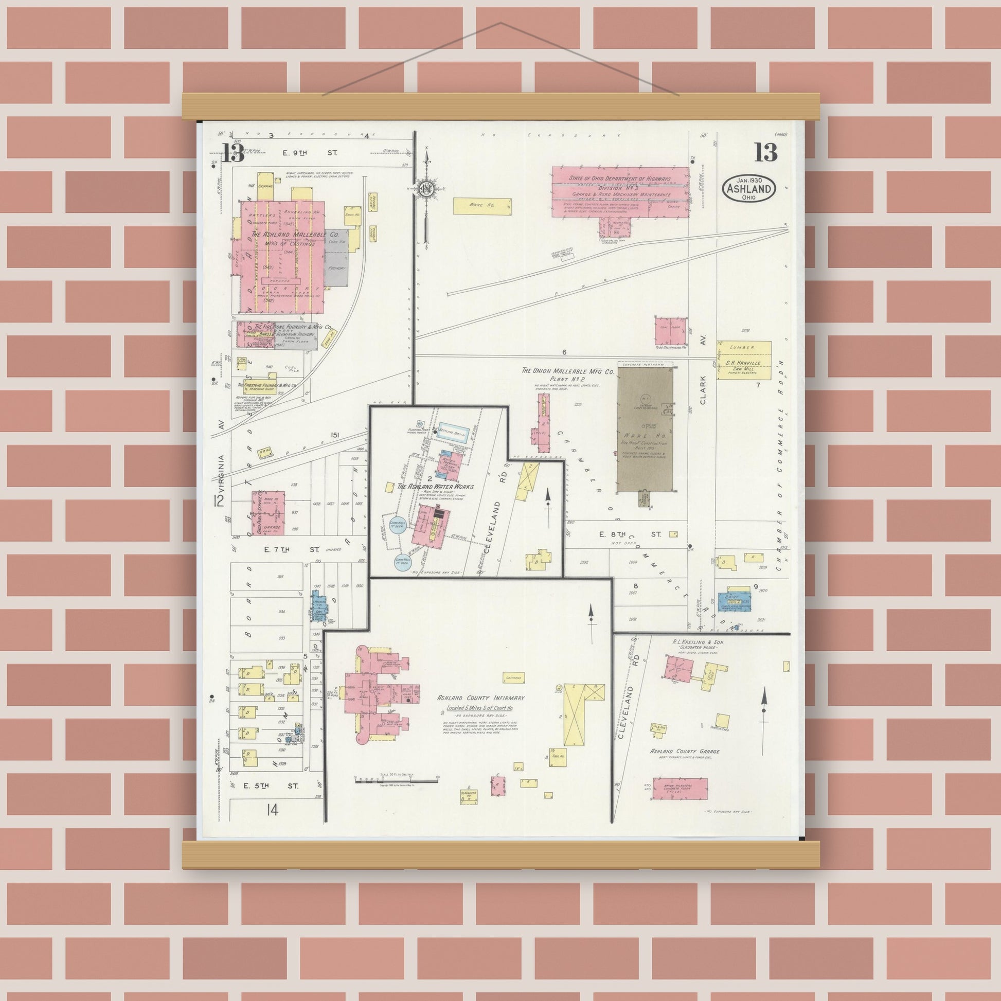 Old map wall art mockup — magnetic wood frame on brick wall — Sanborn Fire Insurance Map from Ashland, Ashland County, Ohio (1930), Sheet #0013
