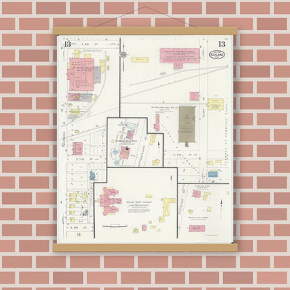 Old map wall art mockup — magnetic wood frame on brick wall — Sanborn Fire Insurance Map from Ashland, Ashland County, Ohio (1930), Sheet #0013