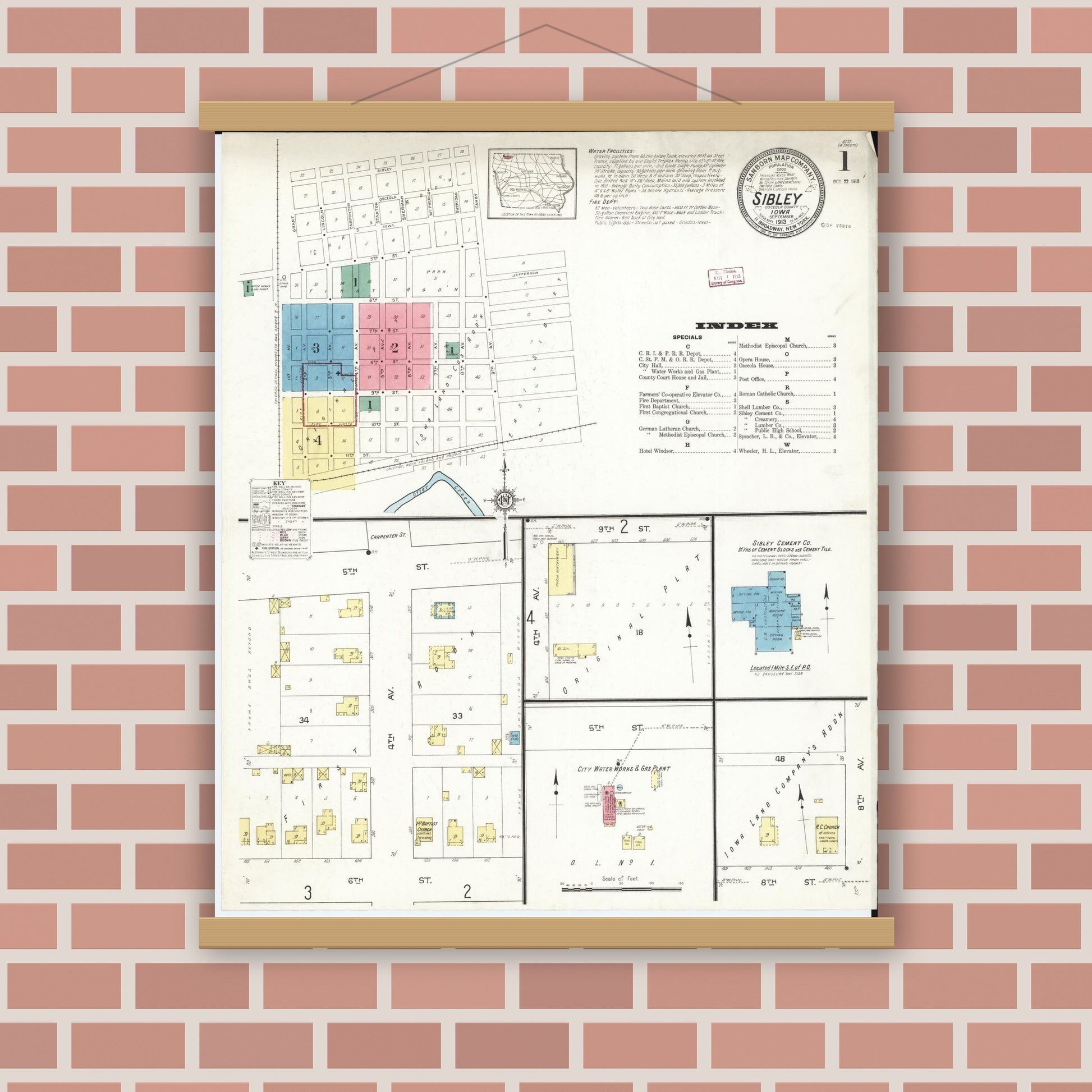 Old map wall art mockup — magnetic wood frame on brick wall — Sanborn Fire Insurance Map from Sibley, Osceola County, Iowa (1913), Sheet #0001