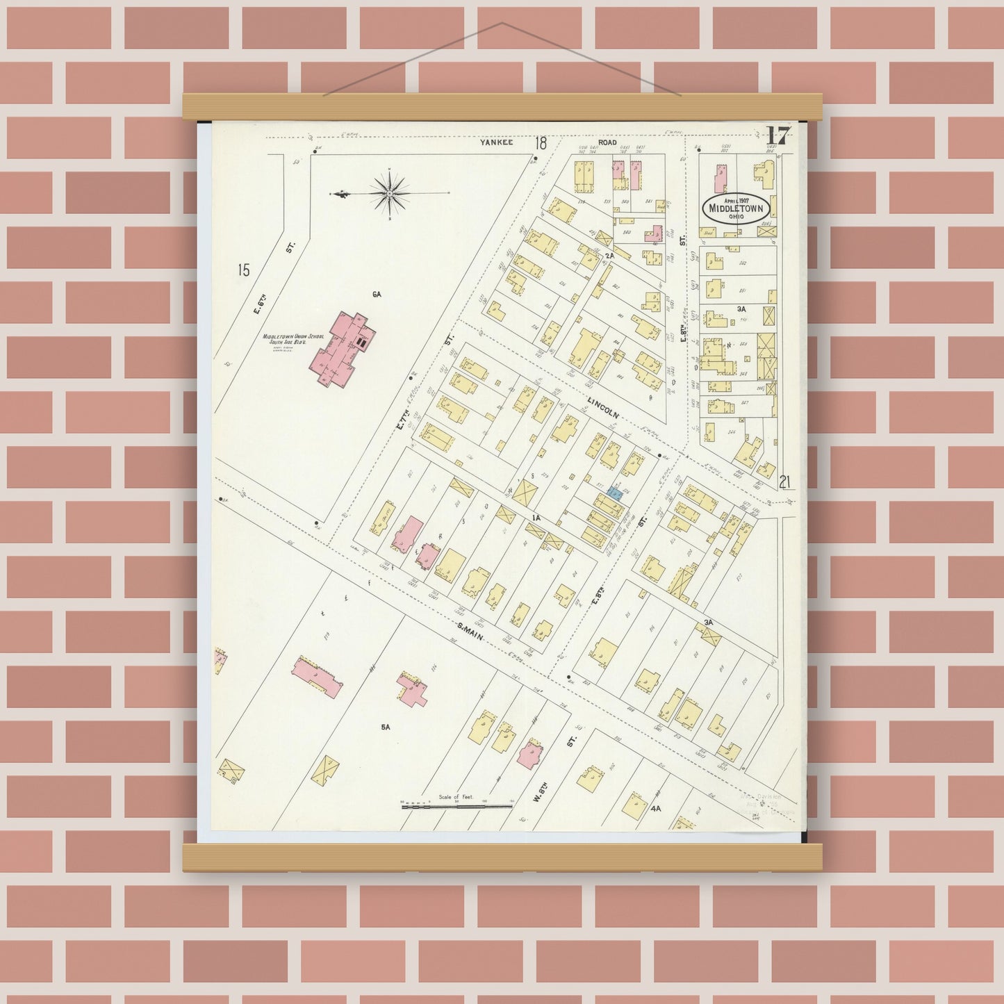 Old map wall art mockup — magnetic wood frame on brick wall — Sanborn Fire Insurance Map from Middletown, Butler County, Ohio (1907), Sheet #0017
