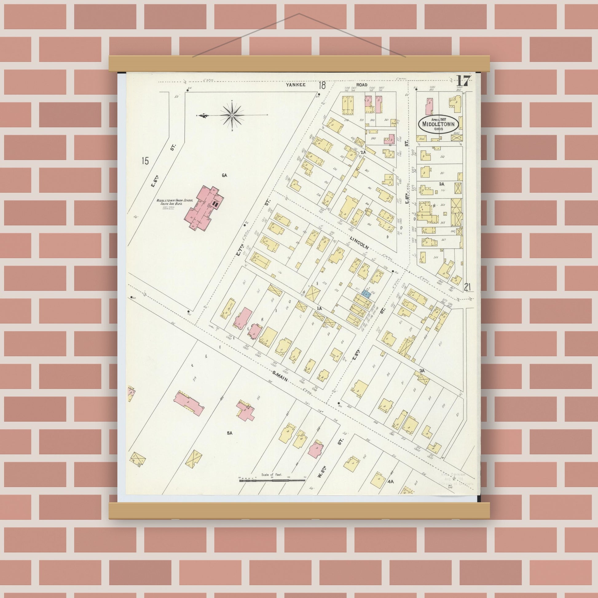 Old map wall art mockup — magnetic wood frame on brick wall — Sanborn Fire Insurance Map from Middletown, Butler County, Ohio (1907), Sheet #0017