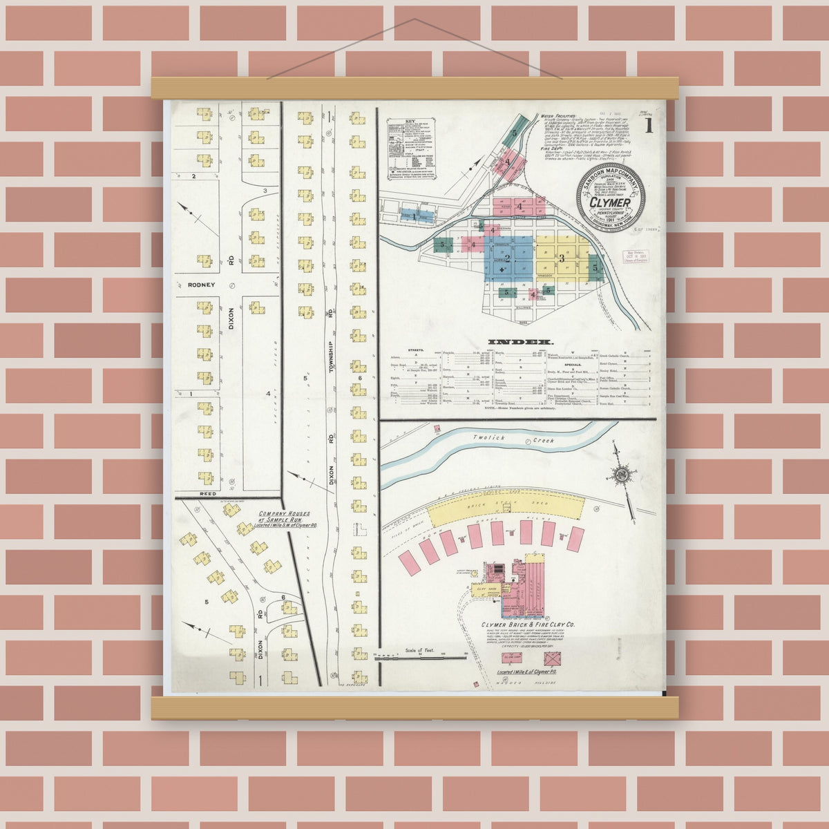 Old map wall art mockup — magnetic wood frame on brick wall — Sanborn Fire Insurance Map from Clymer, Indiana County, Pennsylvania (1911) - Complete Map Set