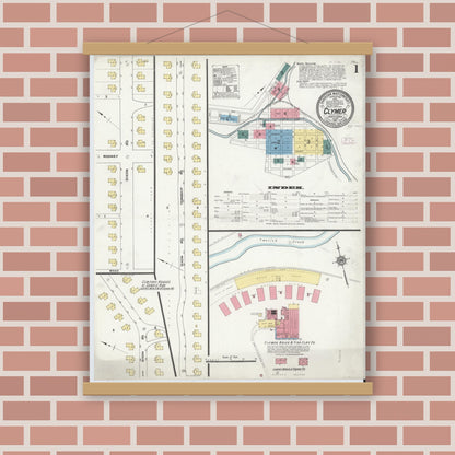 Old map wall art mockup — magnetic wood frame on brick wall — Sanborn Fire Insurance Map from Clymer, Indiana County, Pennsylvania (1911) - Complete Map Set