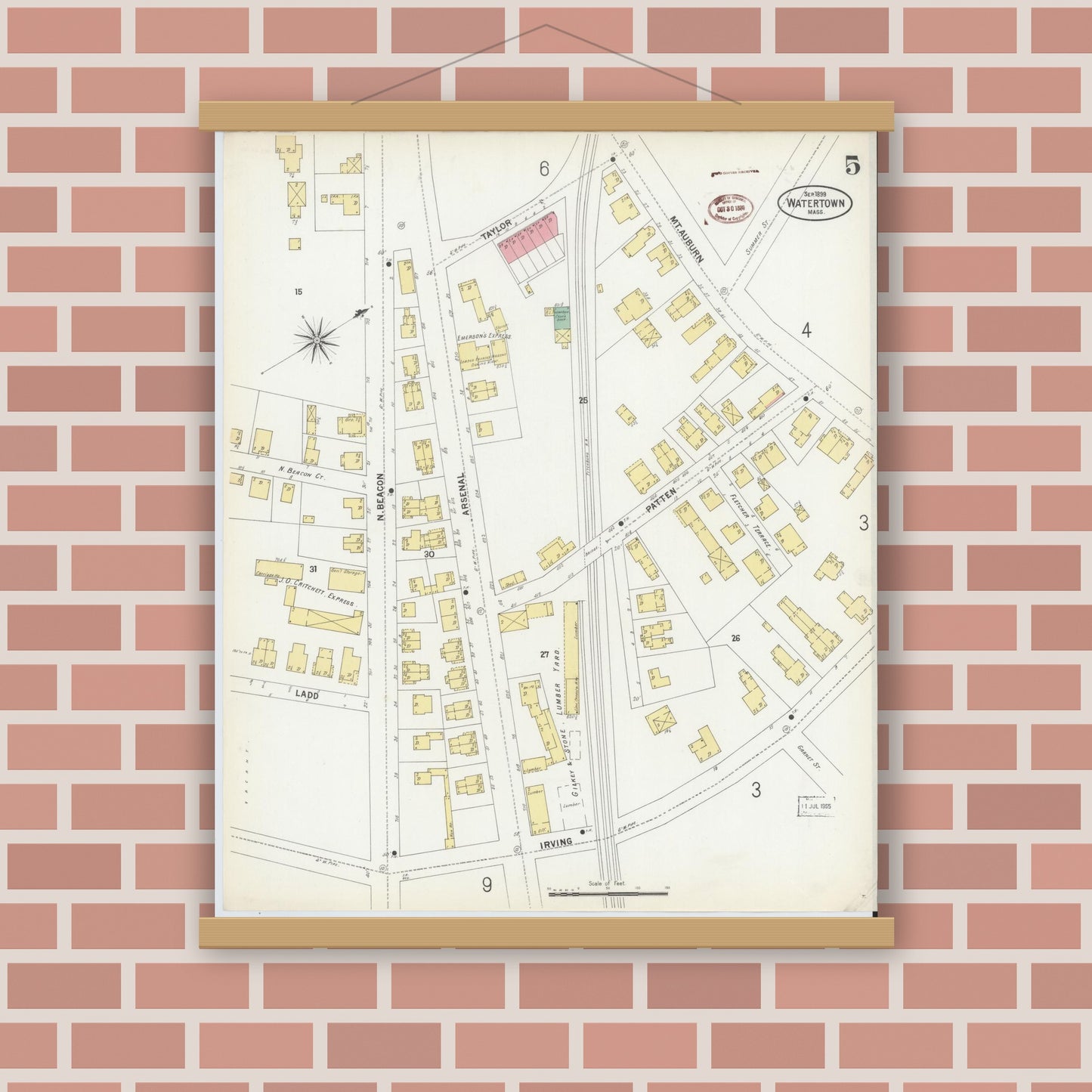 Old map wall art mockup — magnetic wood frame on brick wall — Sanborn Fire Insurance Map from Watertown, Middlesex County, Massachusetts (1899), Sheet #0005
