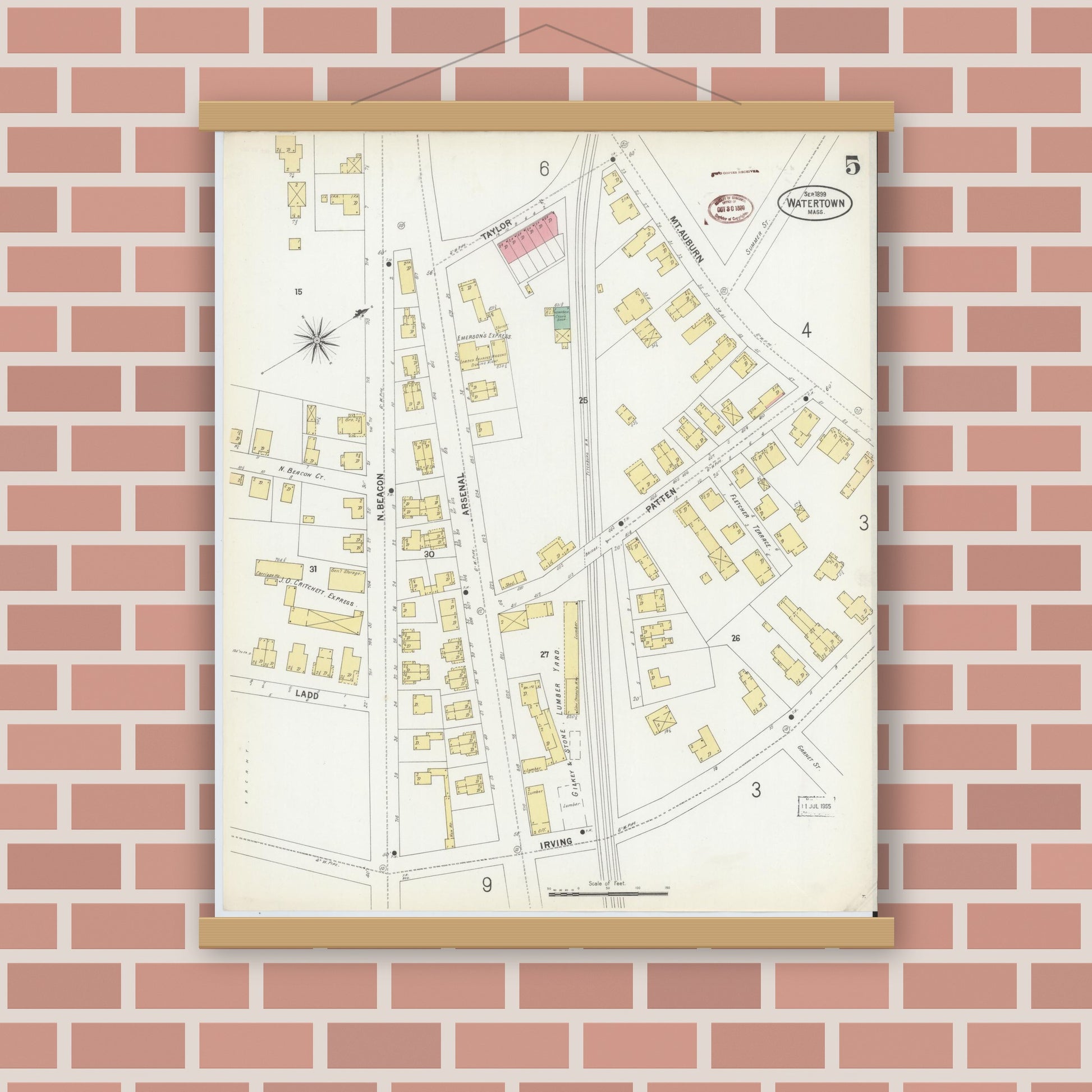 Old map wall art mockup — magnetic wood frame on brick wall — Sanborn Fire Insurance Map from Watertown, Middlesex County, Massachusetts (1899), Sheet #0005