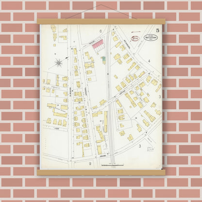 Old map wall art mockup — magnetic wood frame on brick wall — Sanborn Fire Insurance Map from Watertown, Middlesex County, Massachusetts (1899), Sheet #0005