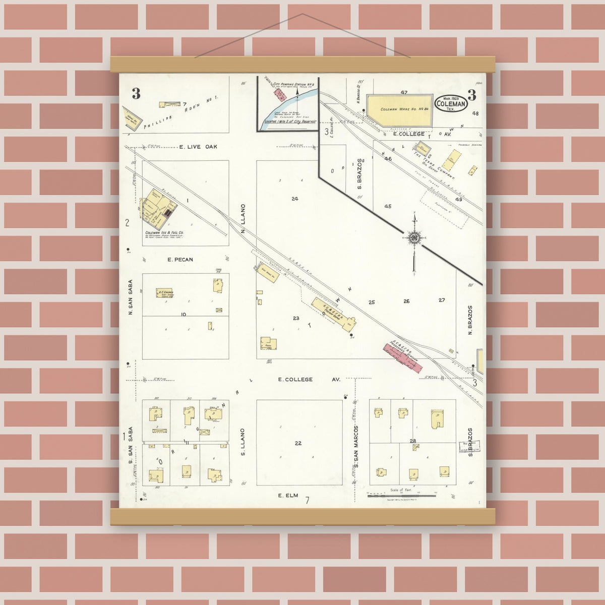 Old map wall art mockup — magnetic wood frame on brick wall — Sanborn Fire Insurance Map from Coleman, Coleman County, Texas (1923), Sheet #0003