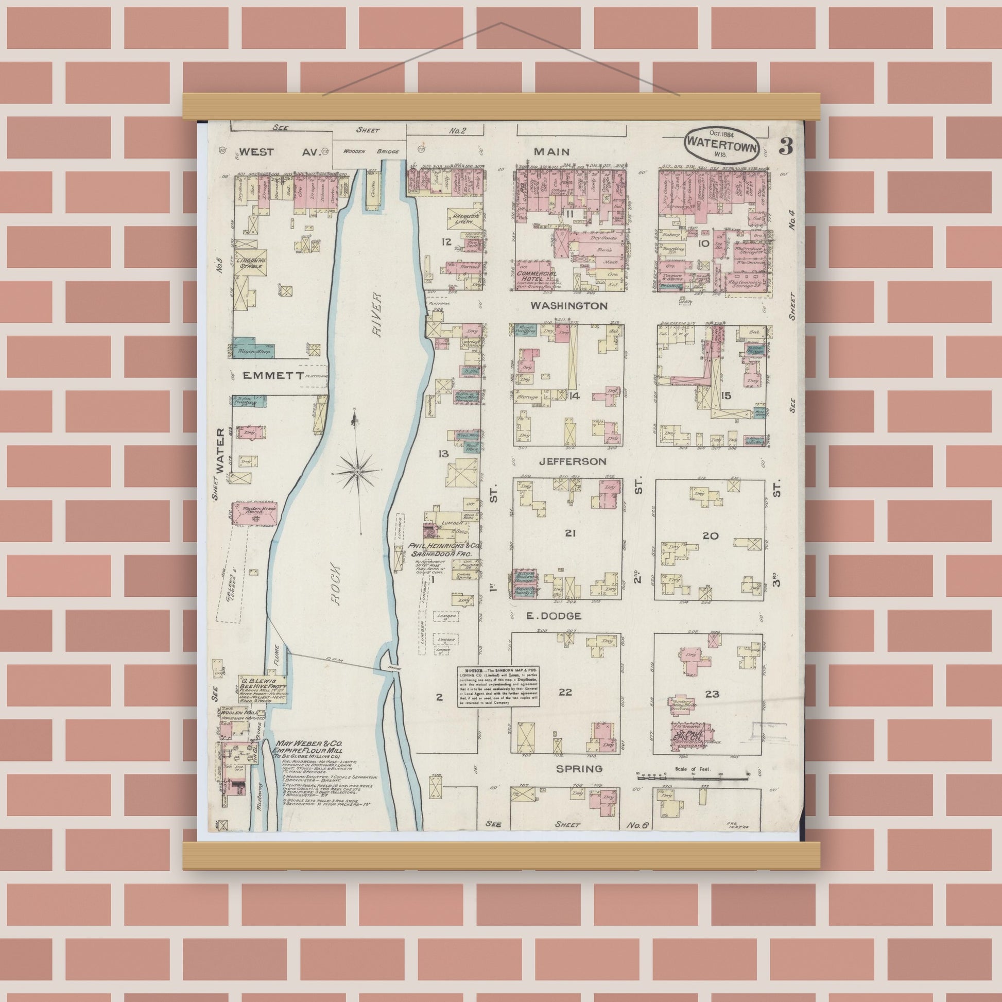 Old map wall art mockup — magnetic wood frame on brick wall — Sanborn Fire Insurance Map from Watertown, Jefferson County, Wisconsin (1884), Sheet #0003