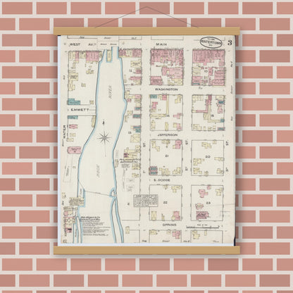 Old map wall art mockup — magnetic wood frame on brick wall — Sanborn Fire Insurance Map from Watertown, Jefferson County, Wisconsin (1884), Sheet #0003