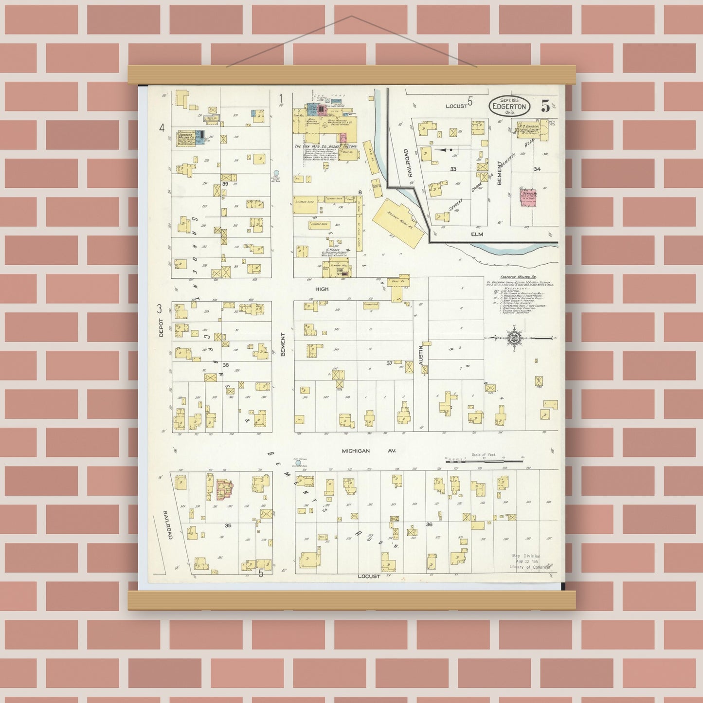Old map wall art mockup — magnetic wood frame on brick wall — Sanborn Fire Insurance Map from Edgerton, Williams County, Ohio (1913), Sheet #0005