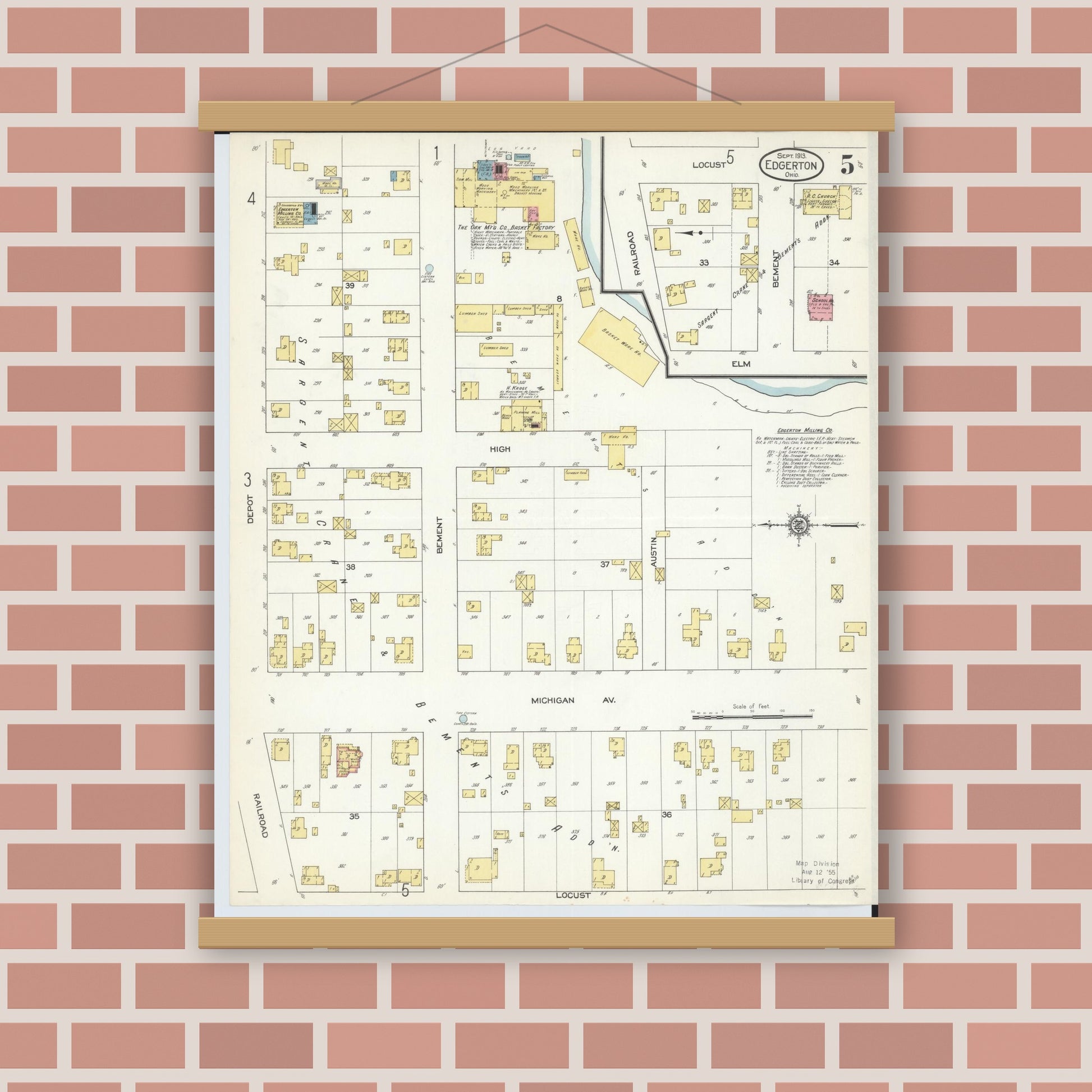 Old map wall art mockup — magnetic wood frame on brick wall — Sanborn Fire Insurance Map from Edgerton, Williams County, Ohio (1913), Sheet #0005