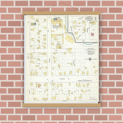 Old map wall art mockup — magnetic wood frame on brick wall — Sanborn Fire Insurance Map from Edgerton, Williams County, Ohio (1913), Sheet #0005
