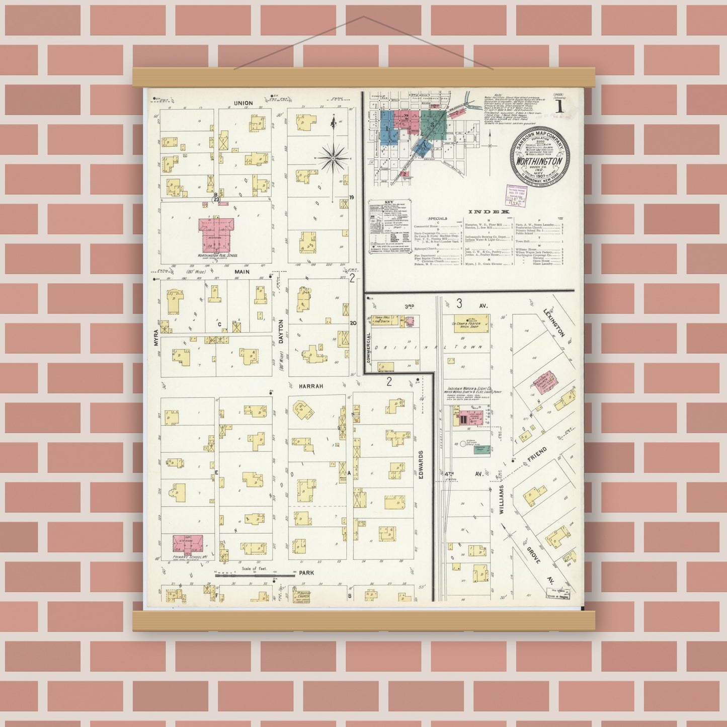 Old map wall art mockup — magnetic wood frame on brick wall — Sanborn Fire Insurance Map from Worthington, Greene County, Indiana (1907) - Complete Map Set