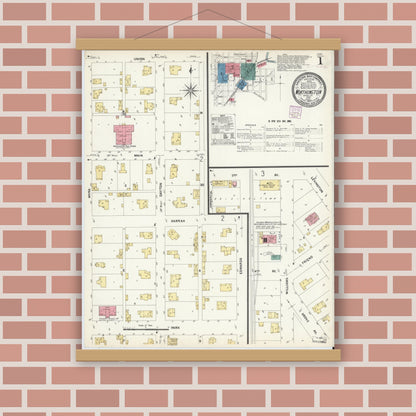 Old map wall art mockup — magnetic wood frame on brick wall — Sanborn Fire Insurance Map from Worthington, Greene County, Indiana (1907) - Complete Map Set