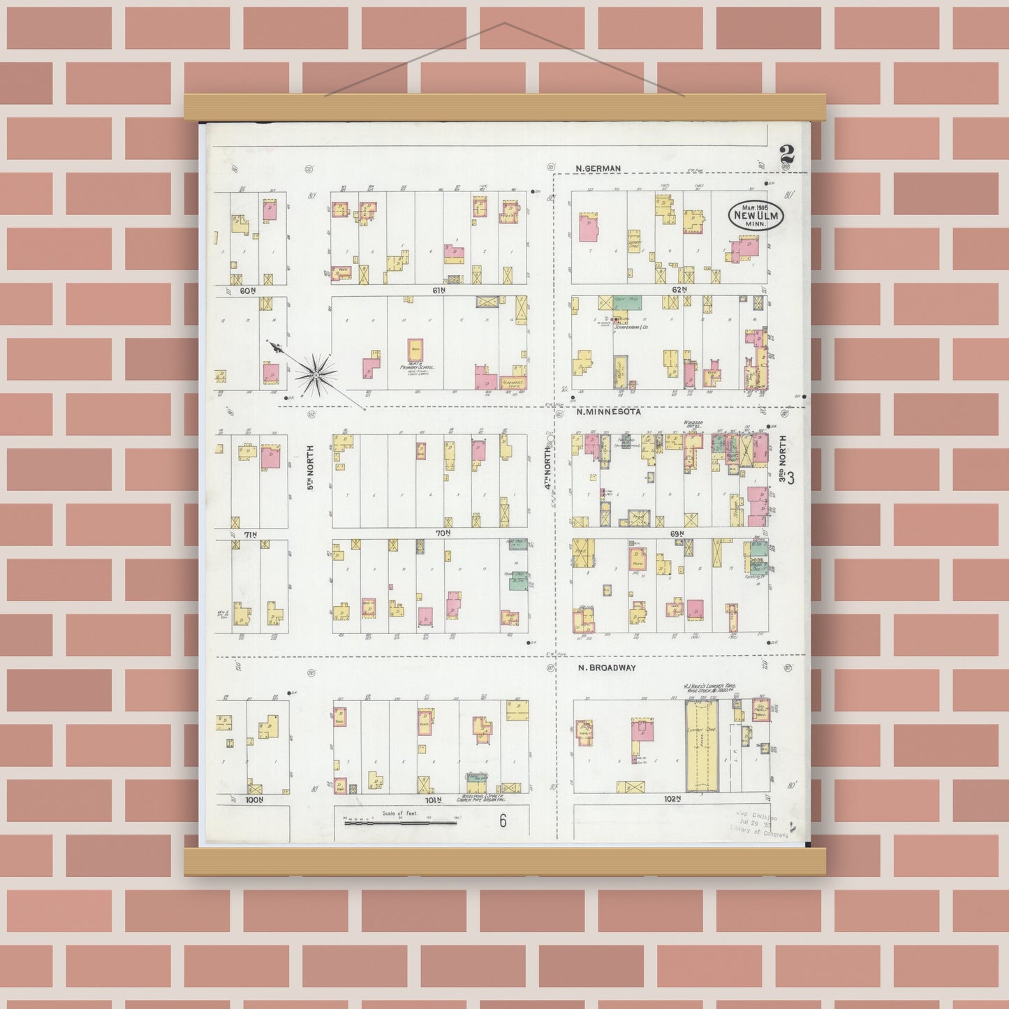 Old map wall art mockup — magnetic wood frame on brick wall — Sanborn Fire Insurance Map from New Ulm, Brown County, Minnesota (1905), Sheet #0002