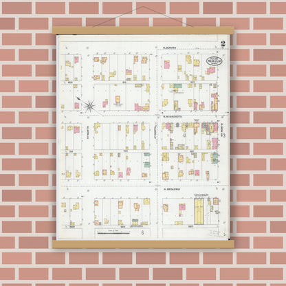 Old map wall art mockup — magnetic wood frame on brick wall — Sanborn Fire Insurance Map from New Ulm, Brown County, Minnesota (1905), Sheet #0002