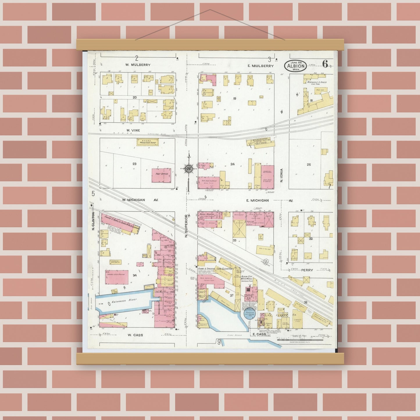 Old map wall art mockup — magnetic wood frame on brick wall — Sanborn Fire Insurance Map from Albion, Calhoun County, Michigan (1918), Sheet #0006