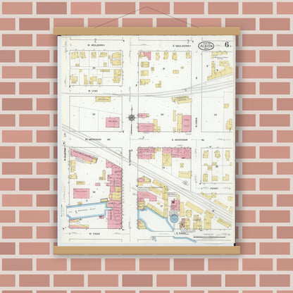 Old map wall art mockup — magnetic wood frame on brick wall — Sanborn Fire Insurance Map from Albion, Calhoun County, Michigan (1918), Sheet #0006