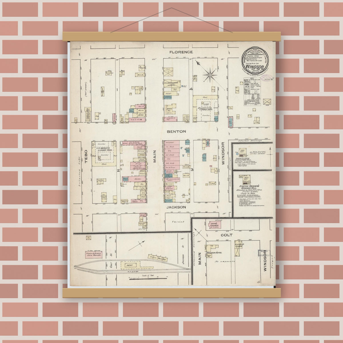 Old map wall art mockup — magnetic wood frame on brick wall — Sanborn Fire Insurance Map from Windsor, Henry County, Missouri (1885), Sheet #0001