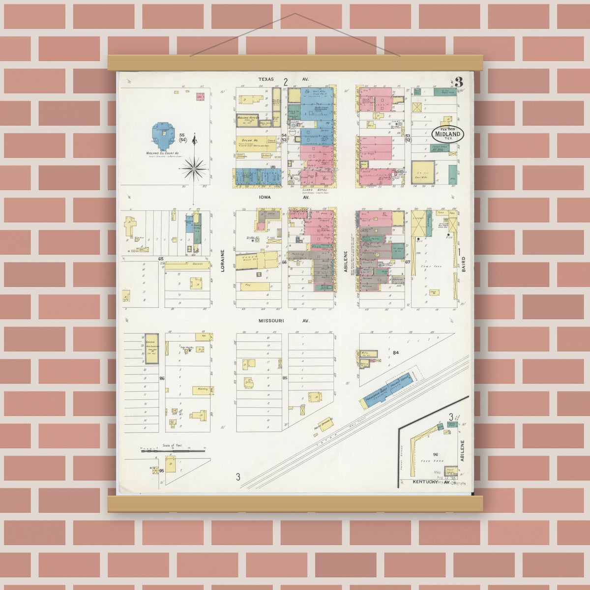 Old map wall art mockup — magnetic wood frame on brick wall — Sanborn Fire Insurance Map from Midland, Midland County, Texas (1909), Sheet #0003