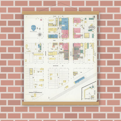 Old map wall art mockup — magnetic wood frame on brick wall — Sanborn Fire Insurance Map from Midland, Midland County, Texas (1909), Sheet #0003